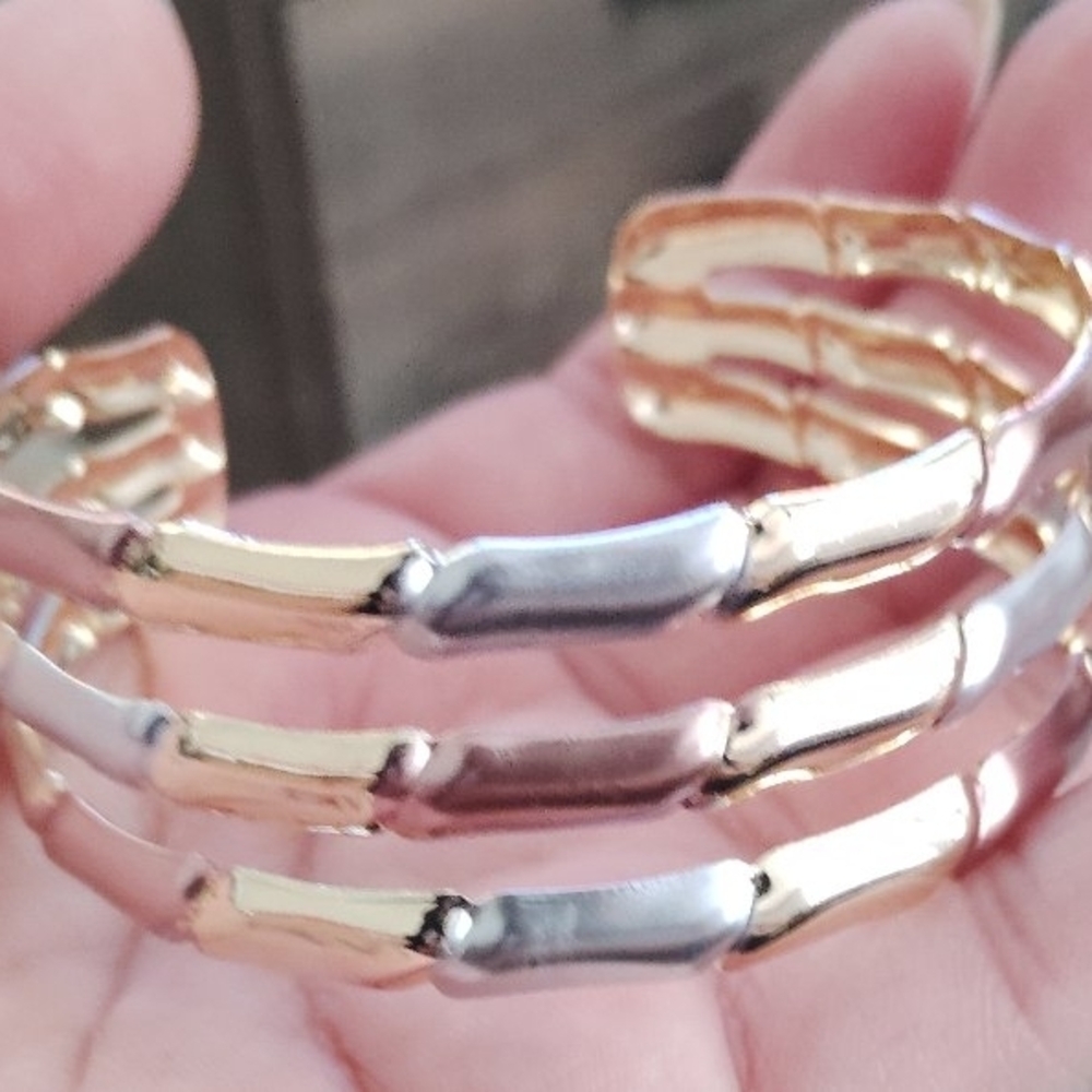 Gold and Silver Tri-Row Bamboo Cuff Bracelet - Women Jewelry